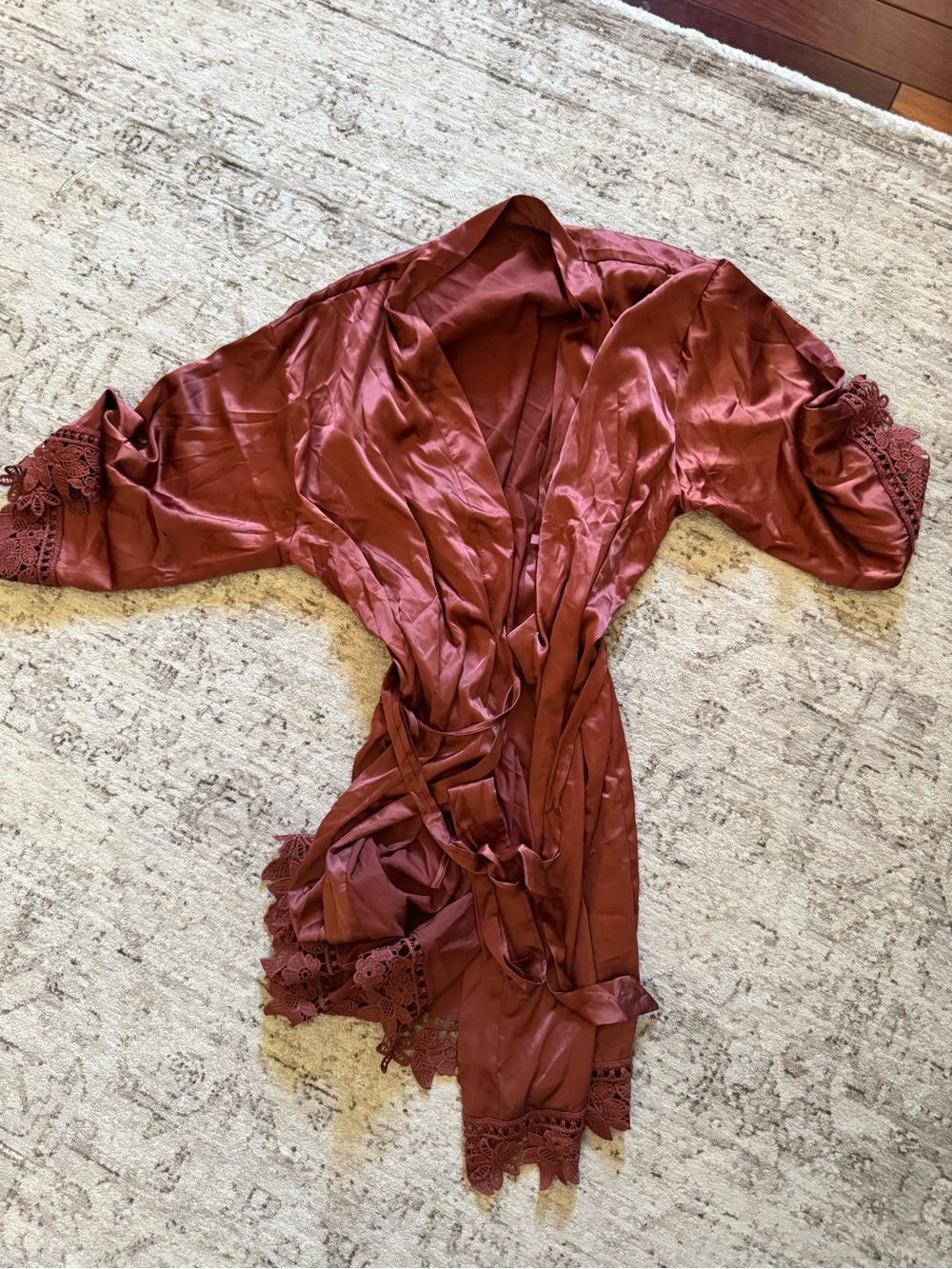 Lux Satin Lace-Trim Robe - Rust